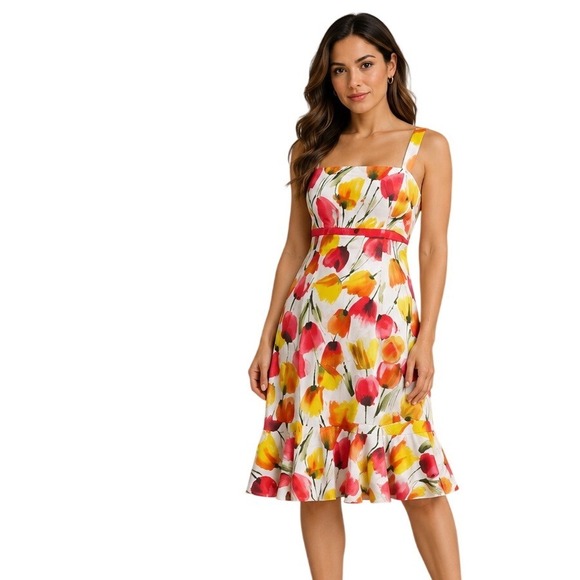 madison leigh Dresses & Skirts - Madison Leigh Petite 10 Floral Tulip Print Ruffle Hem Summer Sundress Red Yellow